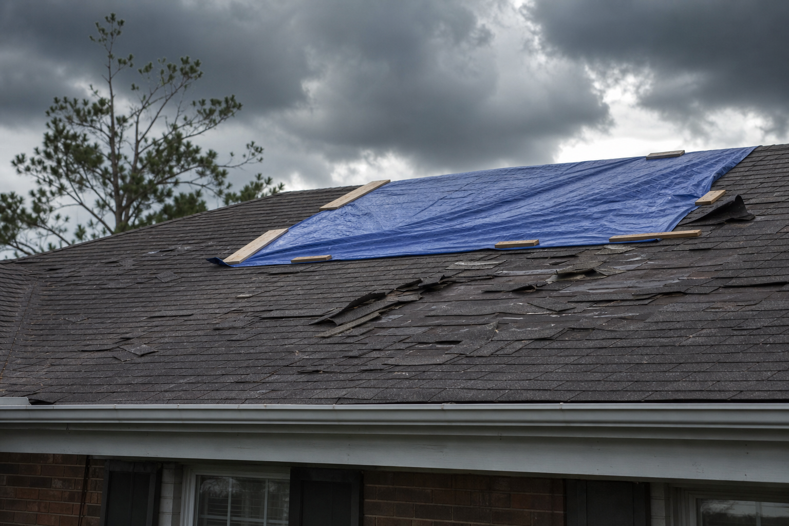 Low-slope commercial roof section being weatherproofed after a storm