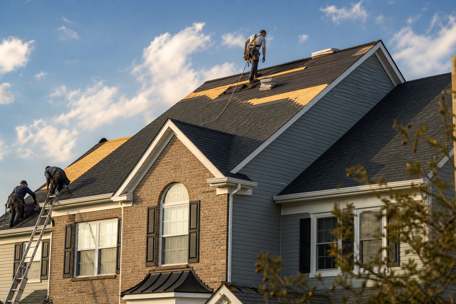 JMJ roofing crew installing architectural shingles on a Richmond, VA home at golden hour