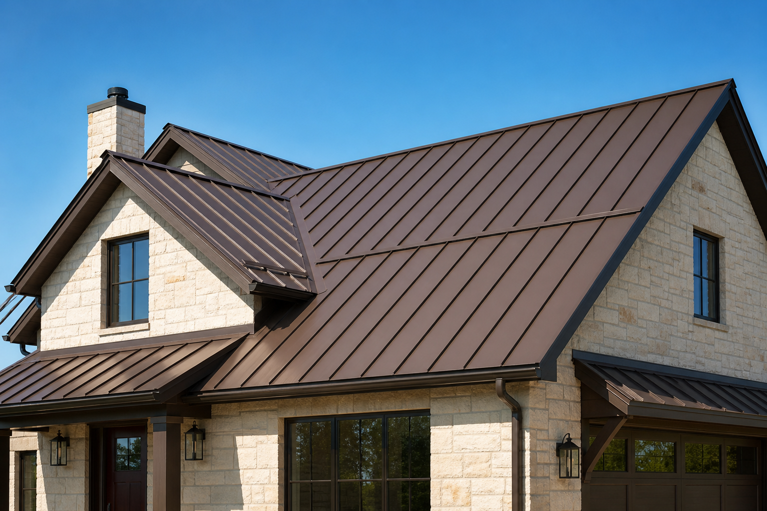 Home with a new dark bronze standing-seam metal roof
