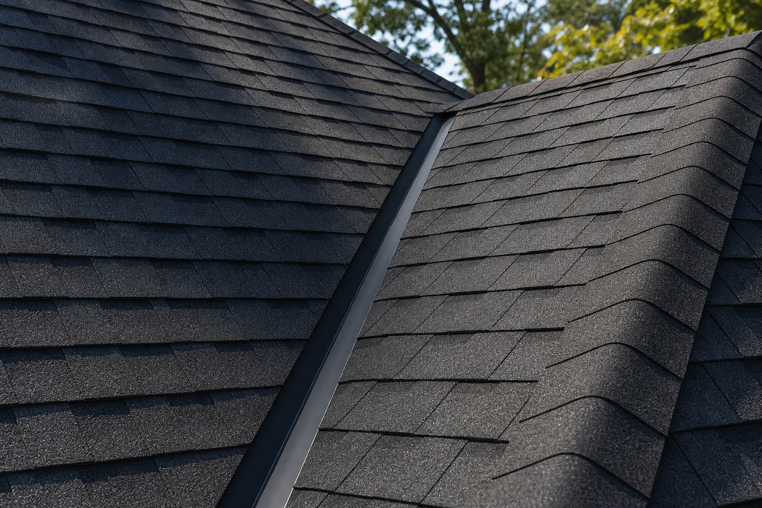 Charcoal architectural asphalt shingles with crisp valley flashing